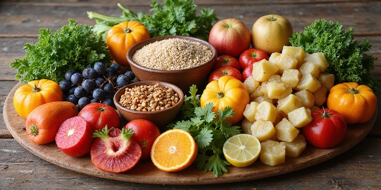 Fresh fruits, vegetables, and whole grains on a rustic wooden table