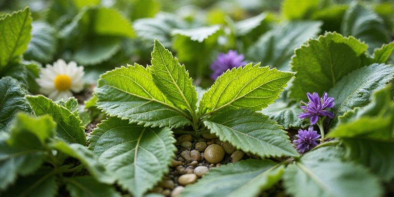 Green leaves and natural ingredients, symbolizing skin radiance