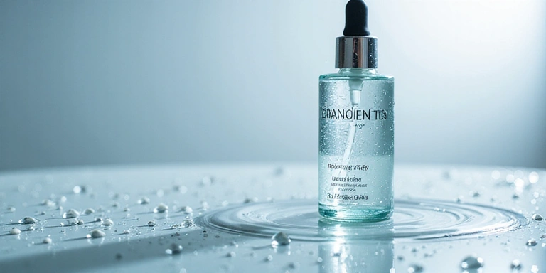 Hyaluronic acid serum bottle with water droplets, symbolizing hydration