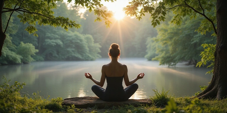 Person meditating in a serene natural environment, symbolizing stress relief