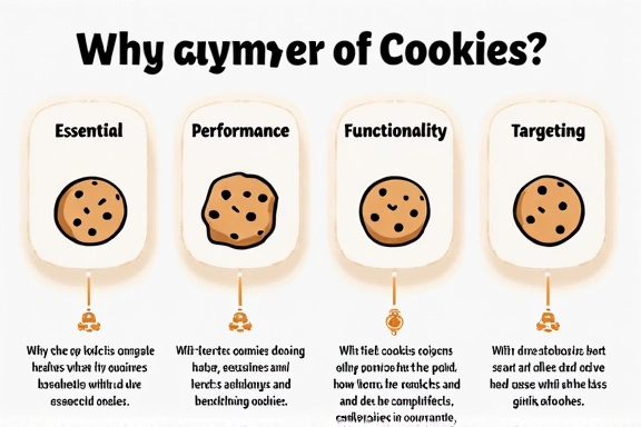 Illustrated diagram showing different types of cookies and their functions, such as essential, analytics, and advertising.