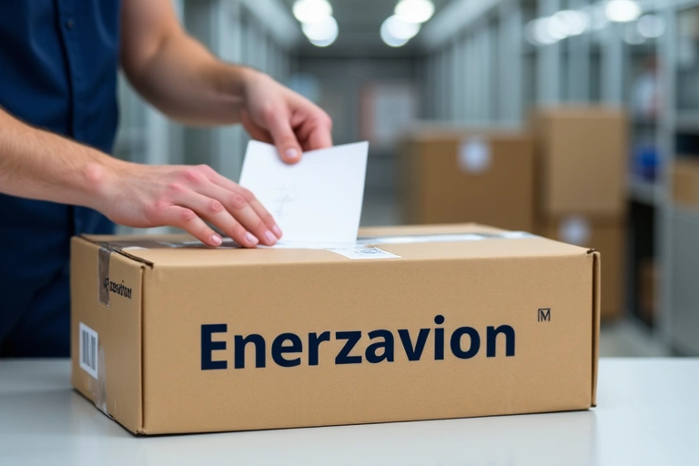 A neatly packaged postal box with Enerzavion branding being prepared for shipping, with hands placing a shipping label.