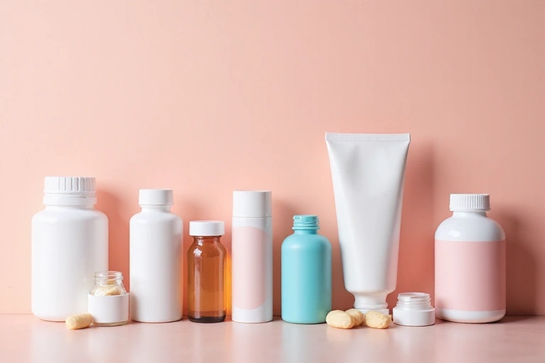 Assortment of high-quality health supplements and skincare products on a clean, bright background, showcasing various bottles and packages.